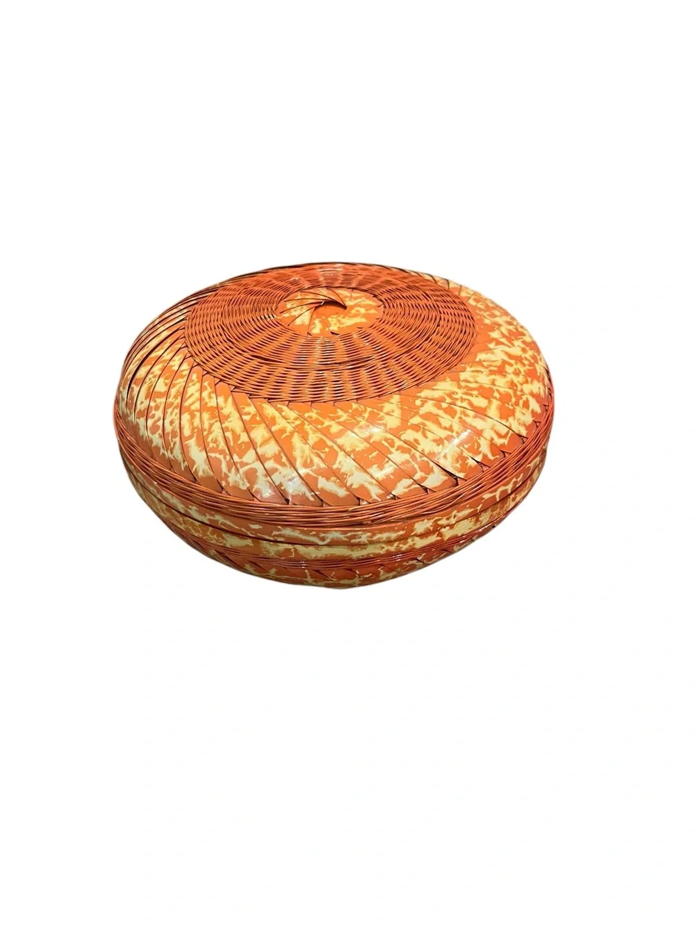 VTG Handwoven Round Bamboo & Rattan Lidded Basket Intricate Variegated